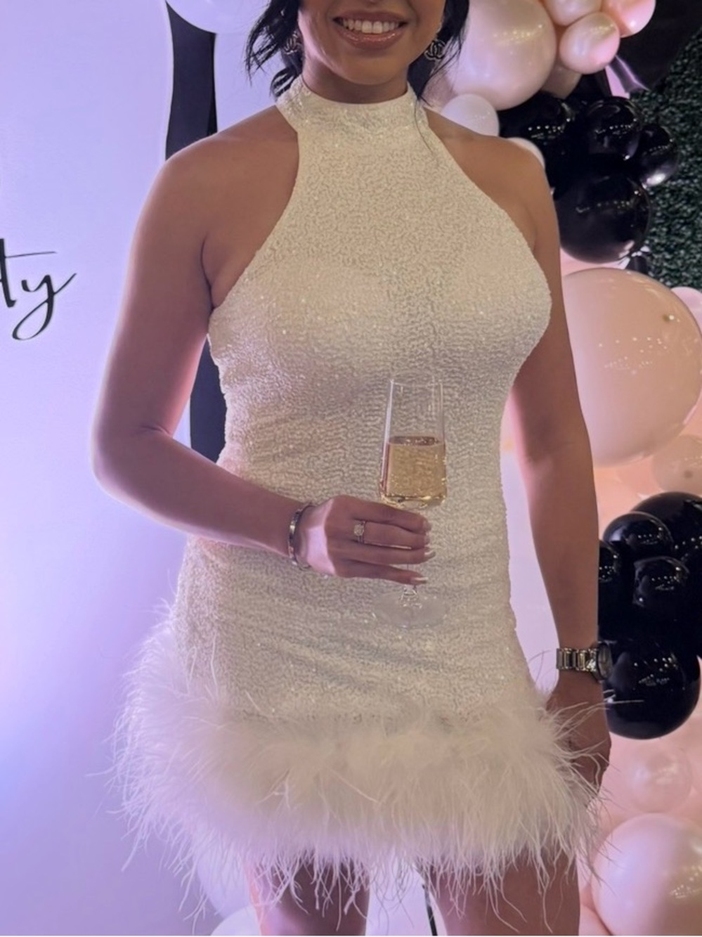 Club London LUMI
White Sequin High-Neck Feather Trim Mini Dress - Picture 3 of 3